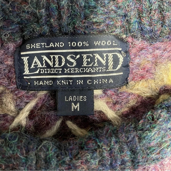 Vintage Lands’ End Shetland wool sweater hand knit fair isle purple blue medium - Picture 8 of 8
